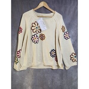 NEW Natural Life Cream Cotton Pullover Relaxed Fit Hippie Floral Sweater Sz XXL